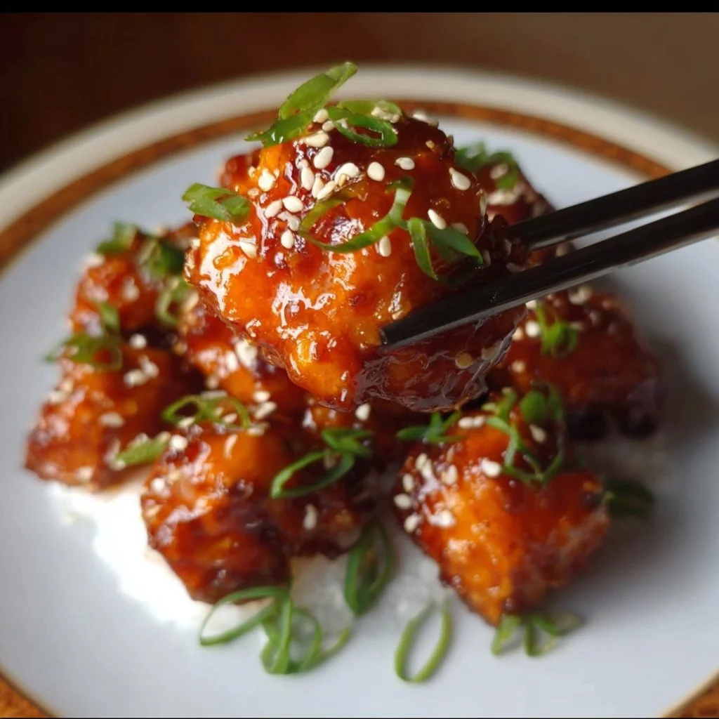 Delicious Honey Sesame Chicken served with fresh vegetables on a plate