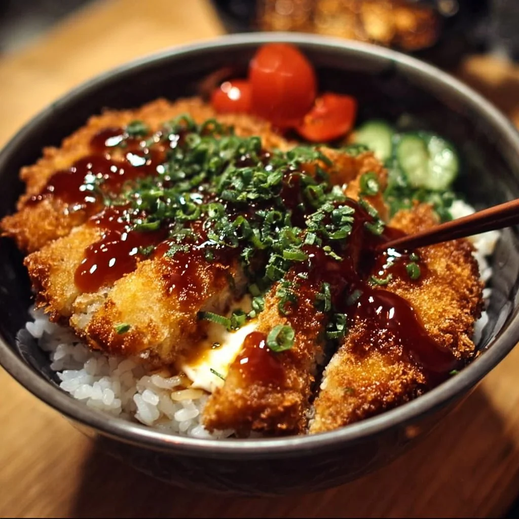 Japanese Katsu Bowl with crispy pork, rice, and fresh vegetables