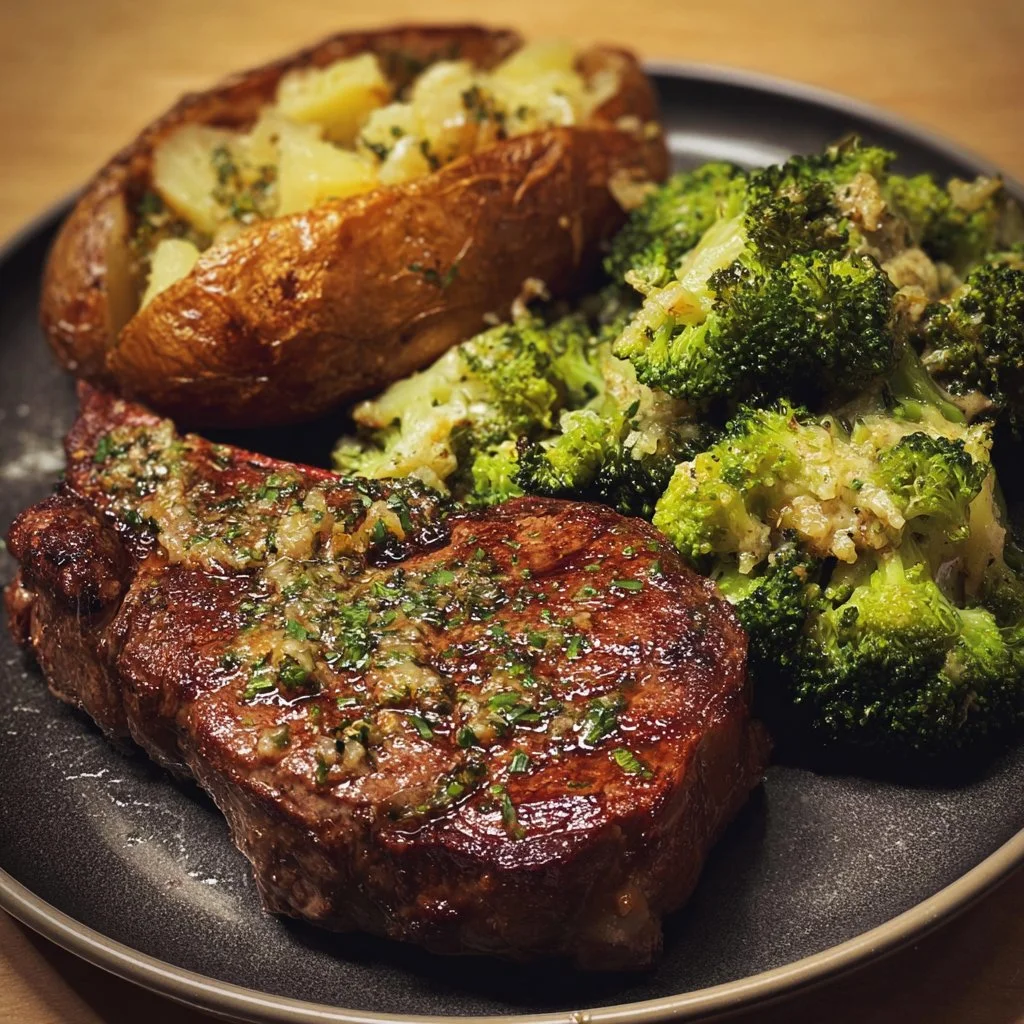 Juicy steak dinner served with broccoli and baked potato.