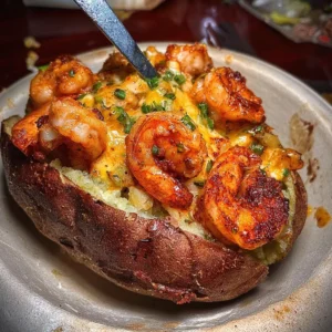 Delicious loaded baked potato topped with cheesy shrimp and garnished with herbs