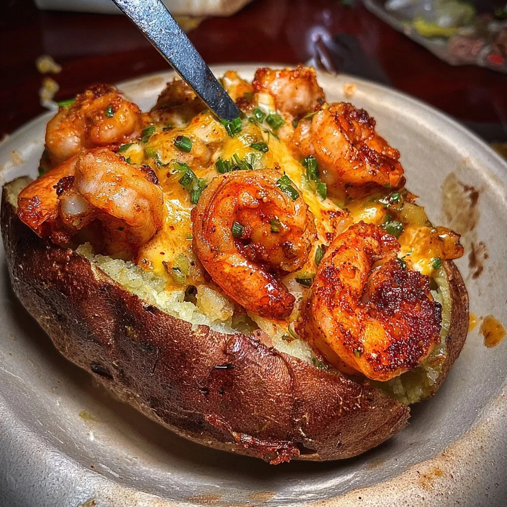 Delicious loaded baked potato topped with cheesy shrimp and garnished with herbs