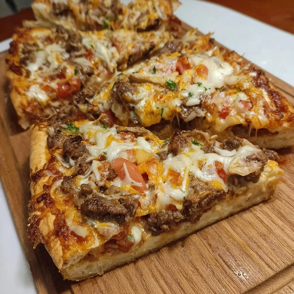 Delicious loaded cheesy steak pizza slices topped with juicy steak and melted cheese.