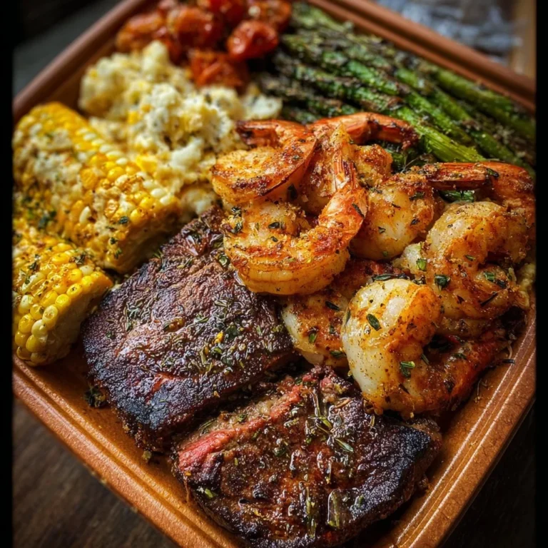 Delicious Loaded Surf and Turf Platter with seafood and steak