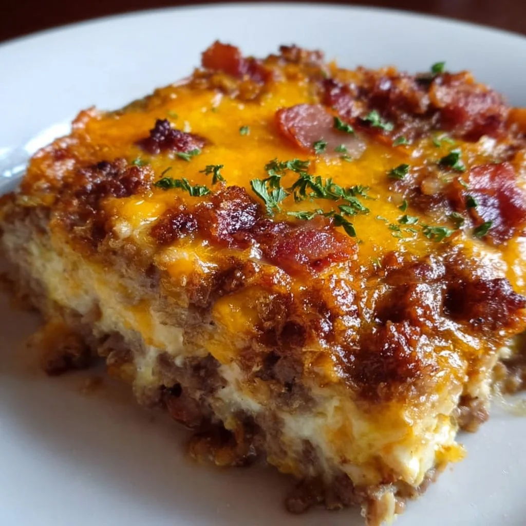 Low-carb bacon cheeseburger casserole served in a baking dish