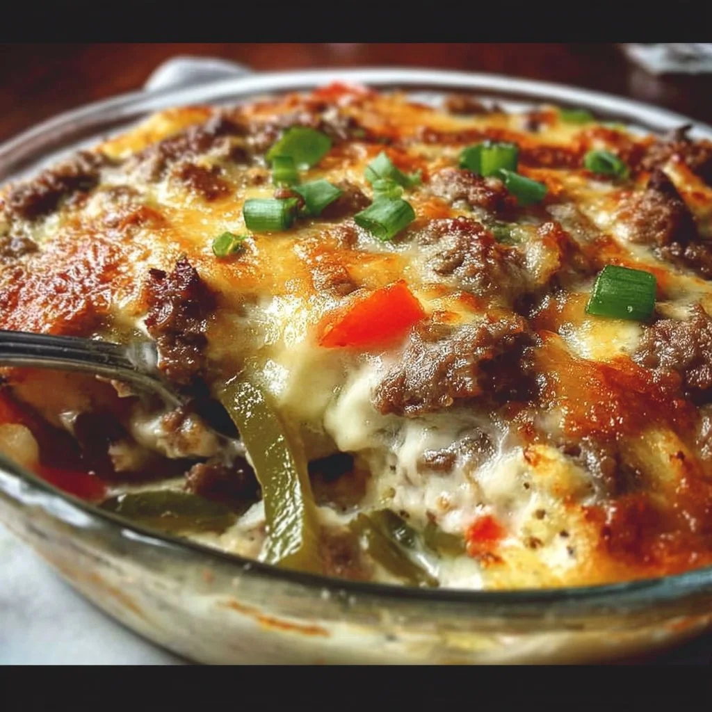 Low Carb Philly Cheesesteak Casserole topped with melted cheese and peppers