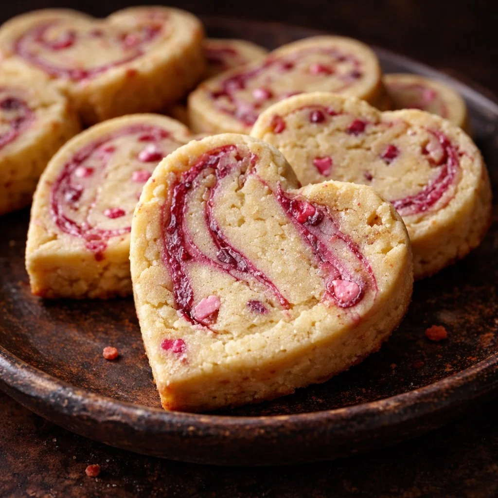 Marbled Valentine sugar cookies decorated with pink and red icing