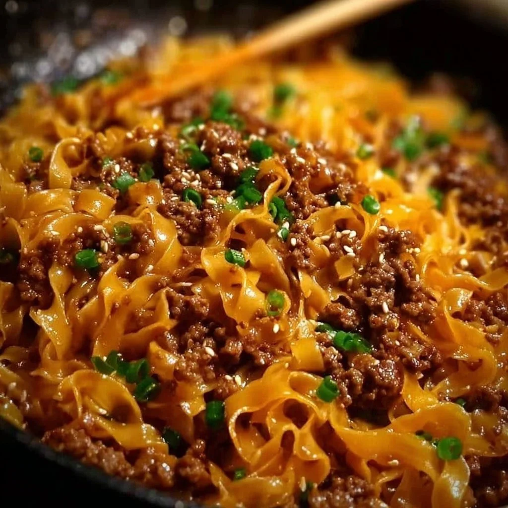 Plate of Mongolian ground beef noodles garnished with green onions and sesame seeds.
