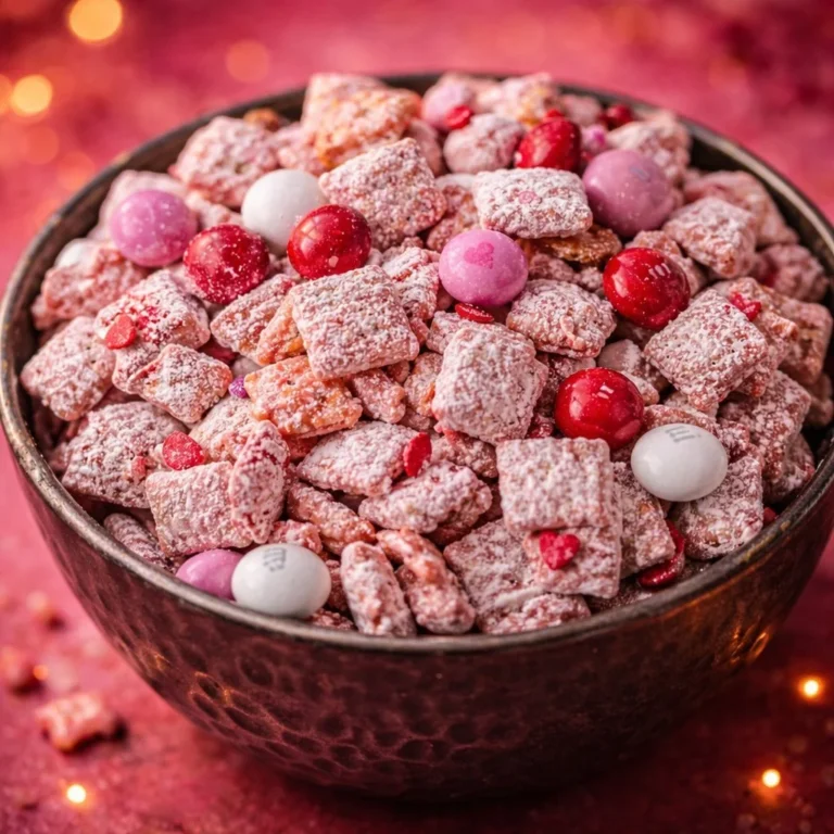 A bowl of homemade Muddy Buddies snack mix topped with chocolate and powdered sugar.