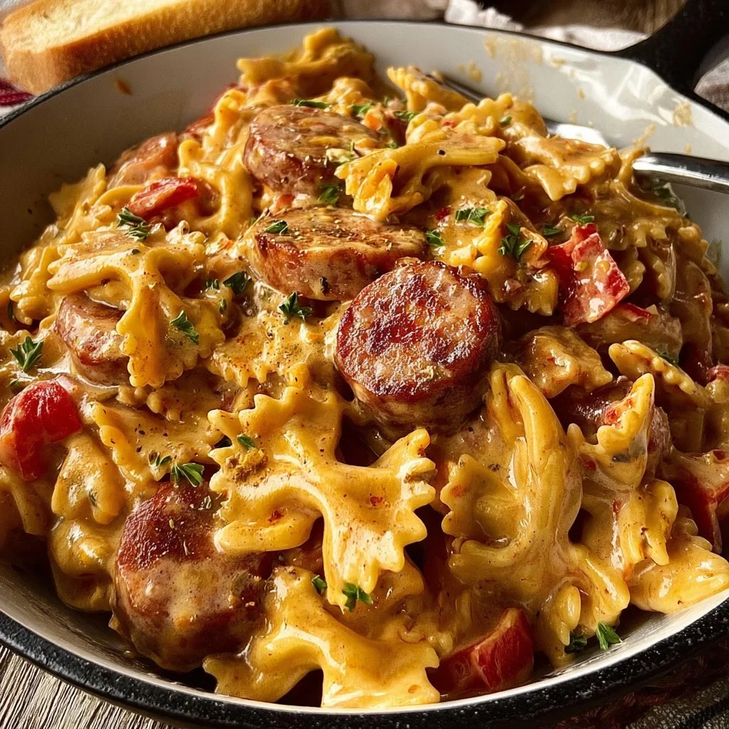 Creamy Cajun sausage pasta served in a bowl with herbs