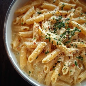 Delicious one pot creamy garlic pasta served in a bowl with fresh herbs
