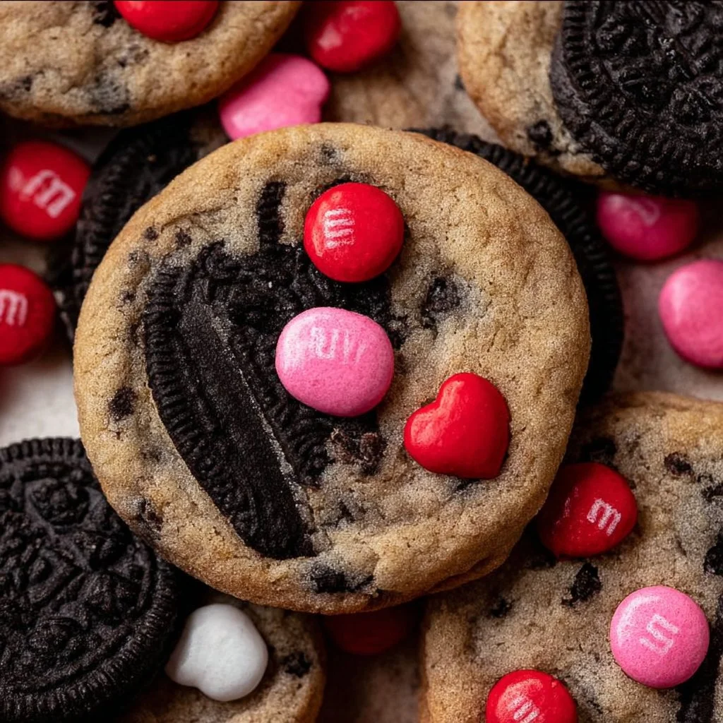 Oreo M&M's cookies fresh out of the oven, showcasing their chocolatey appeal.