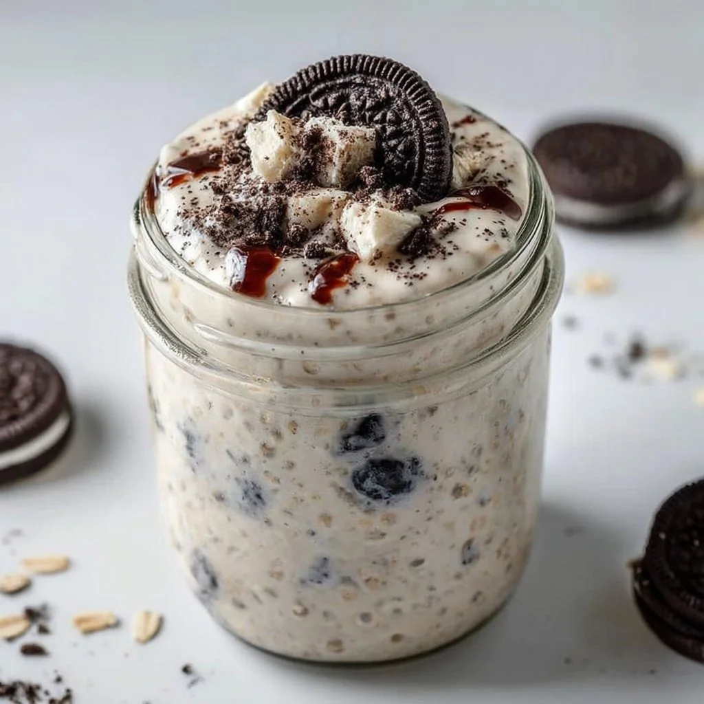 Delicious OREO Overnight Oats in a glass bowl topped with crushed OREOs.