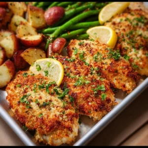 Parmesan Crusted Chicken Sheet Pan Dinner with vegetables