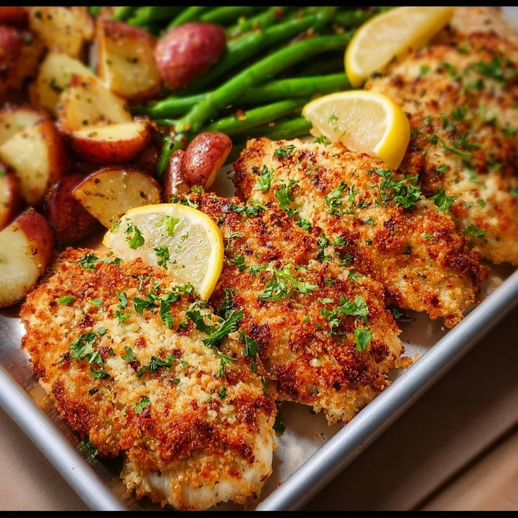 Parmesan Crusted Chicken Sheet Pan Dinner with vegetables