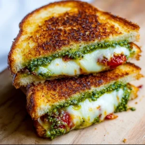 Delicious pesto grilled cheese sandwich with melted cheese and fresh basil