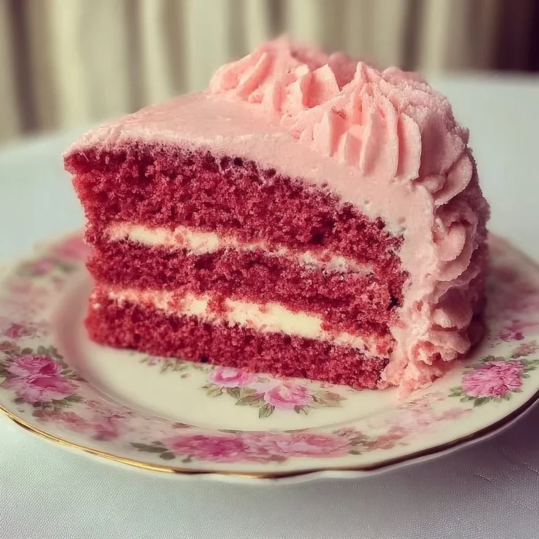 Slice of pink velvet cake with cream cheese frosting on a plate