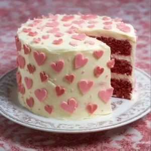 Sliced pink velvet cake with cream cheese frosting on a white plate
