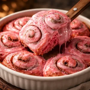 Delicious pink velvet cinnamon rolls topped with cream cheese frosting