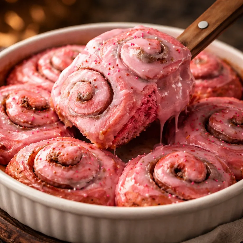 Delicious pink velvet cinnamon rolls topped with cream cheese frosting