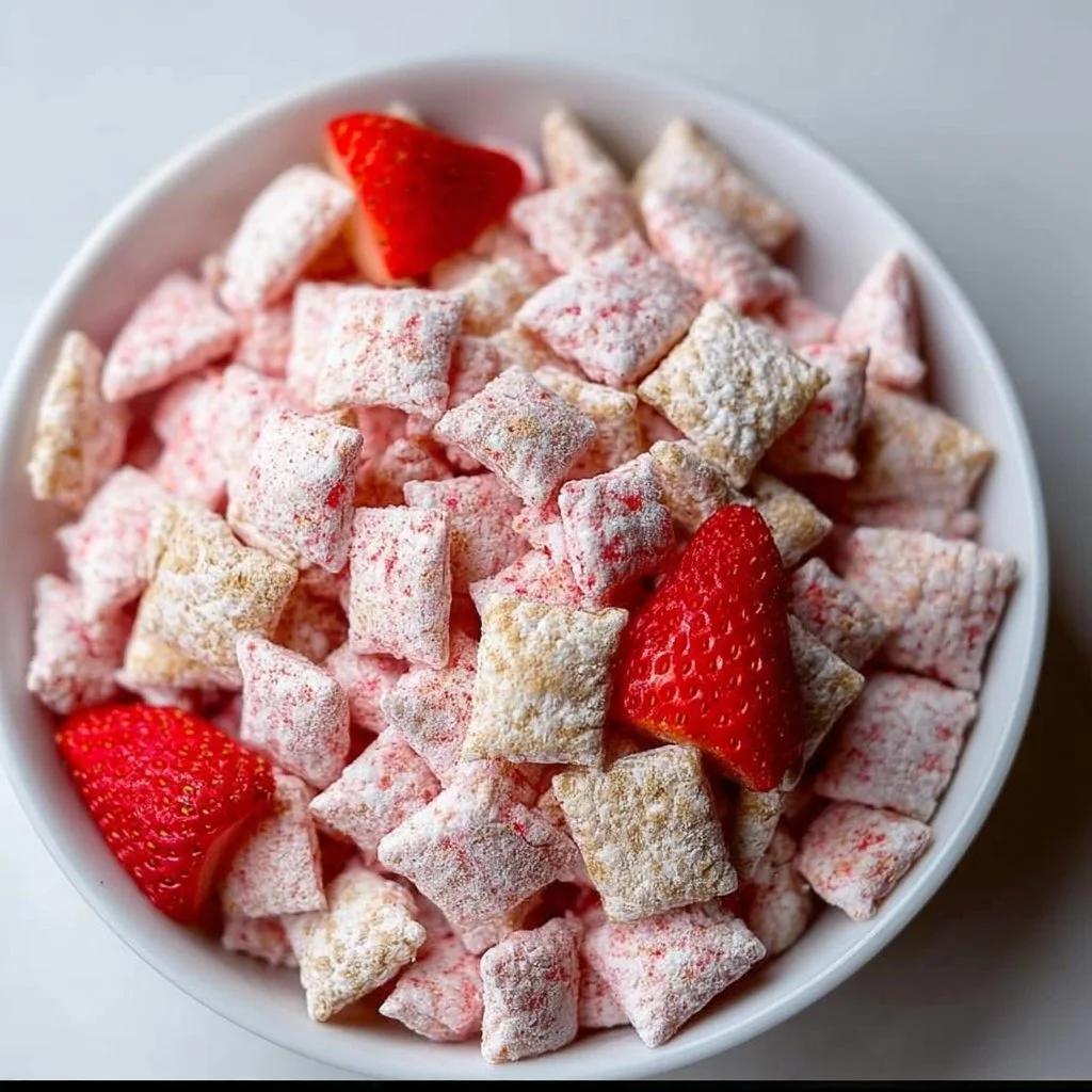 Quick strawberry shortcake puppy chow in a bowl with strawberries and whipped cream.