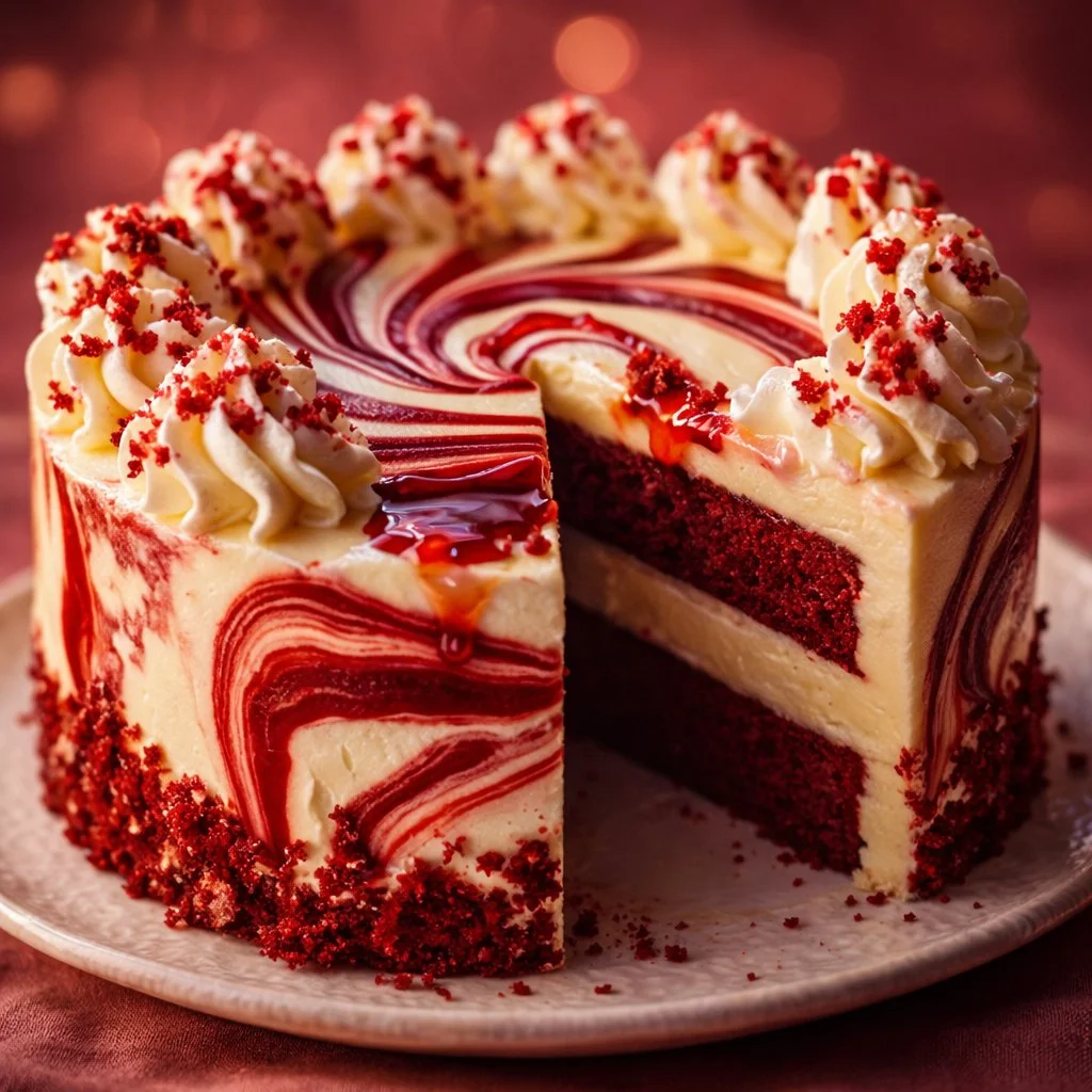 Delicious Red Velvet Cheesecake Swirl Cake topped with cream cheese frosting