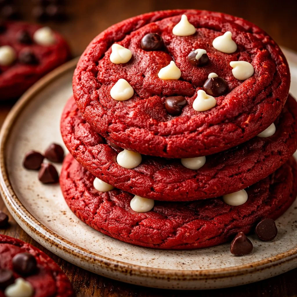 Freshly baked red velvet cookies with cream cheese frosting