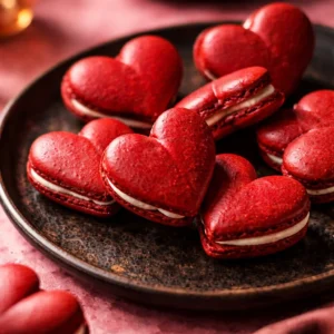 Delicious Red Velvet Macarons filled with mascarpone frosting on a white plate