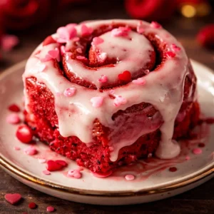 Red Velvet Valentine's Day cinnamon rolls with cream cheese frosting