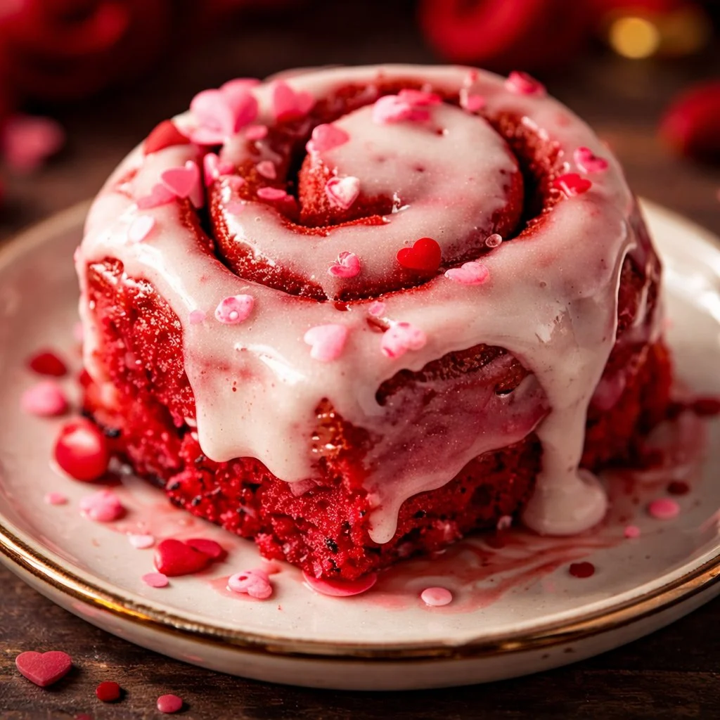 Red Velvet Valentine's Day cinnamon rolls with cream cheese frosting