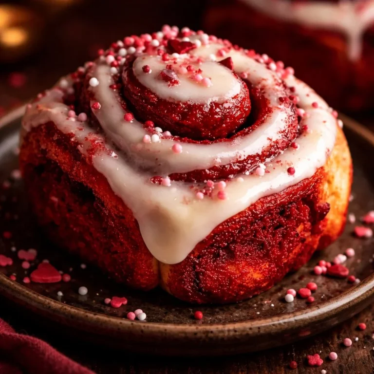 Freshly baked Red Velvet Valentine's Day cinnamon rolls topped with cream cheese icing.