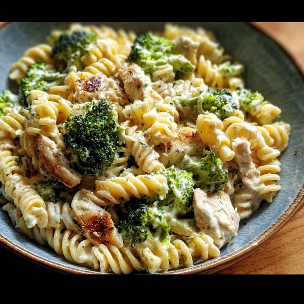 Rotisserie chicken broccoli pasta dish served in a bowl with fresh ingredients.