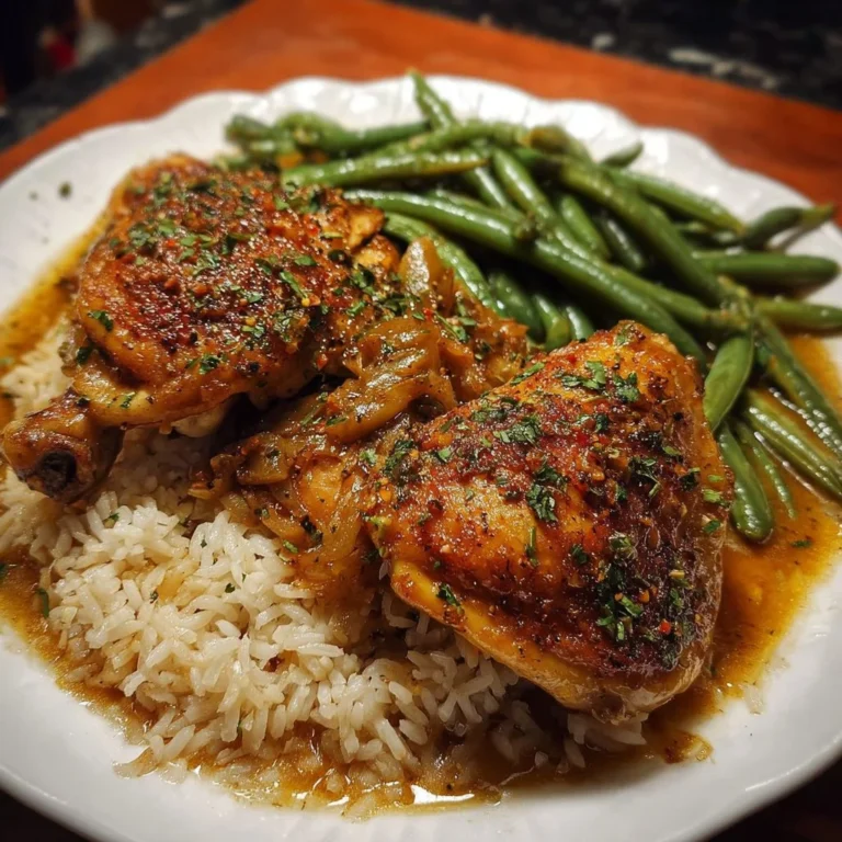Savory chicken thighs served with rice and green beans on a plate
