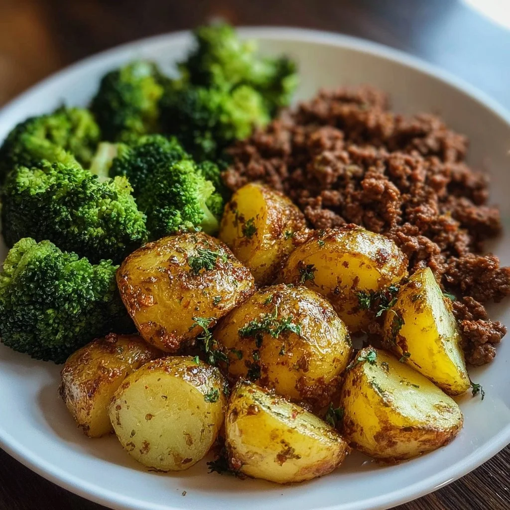 Savory ground beef served with herb-roasted potatoes and steamed broccoli