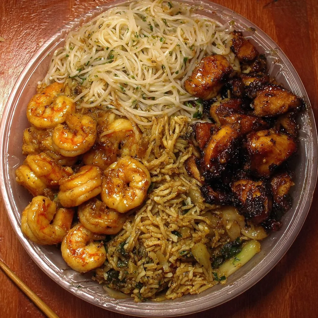 Savory shrimp chicken combo served on rice noodles in a delicious plate