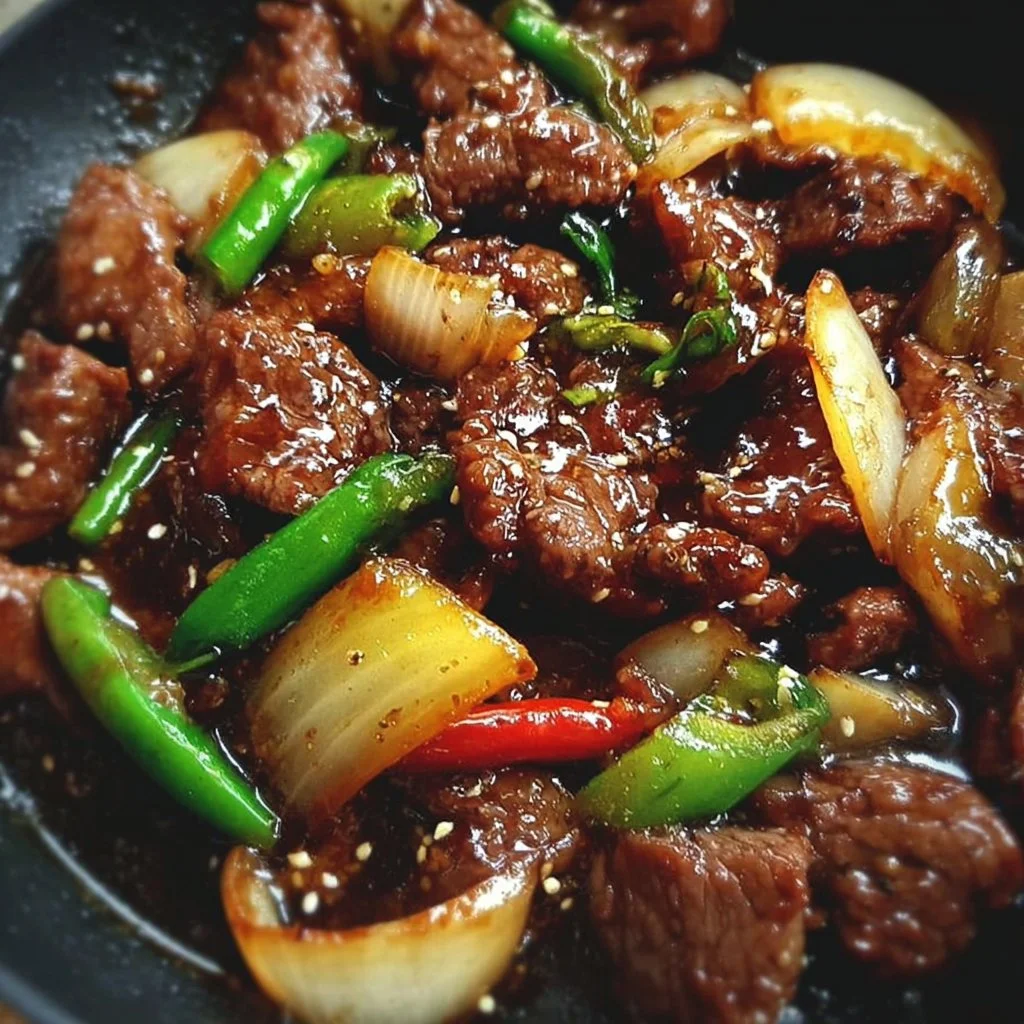 Sizzling Chinese pepper steak with onions served in a bowl