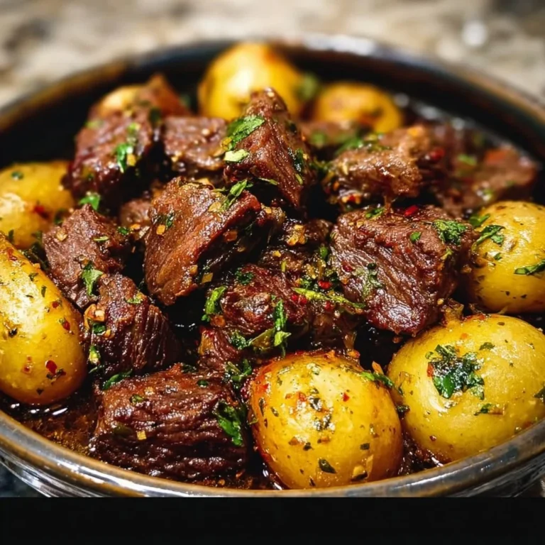 Slow cooker garlic butter beef bites served on a plate with herbs