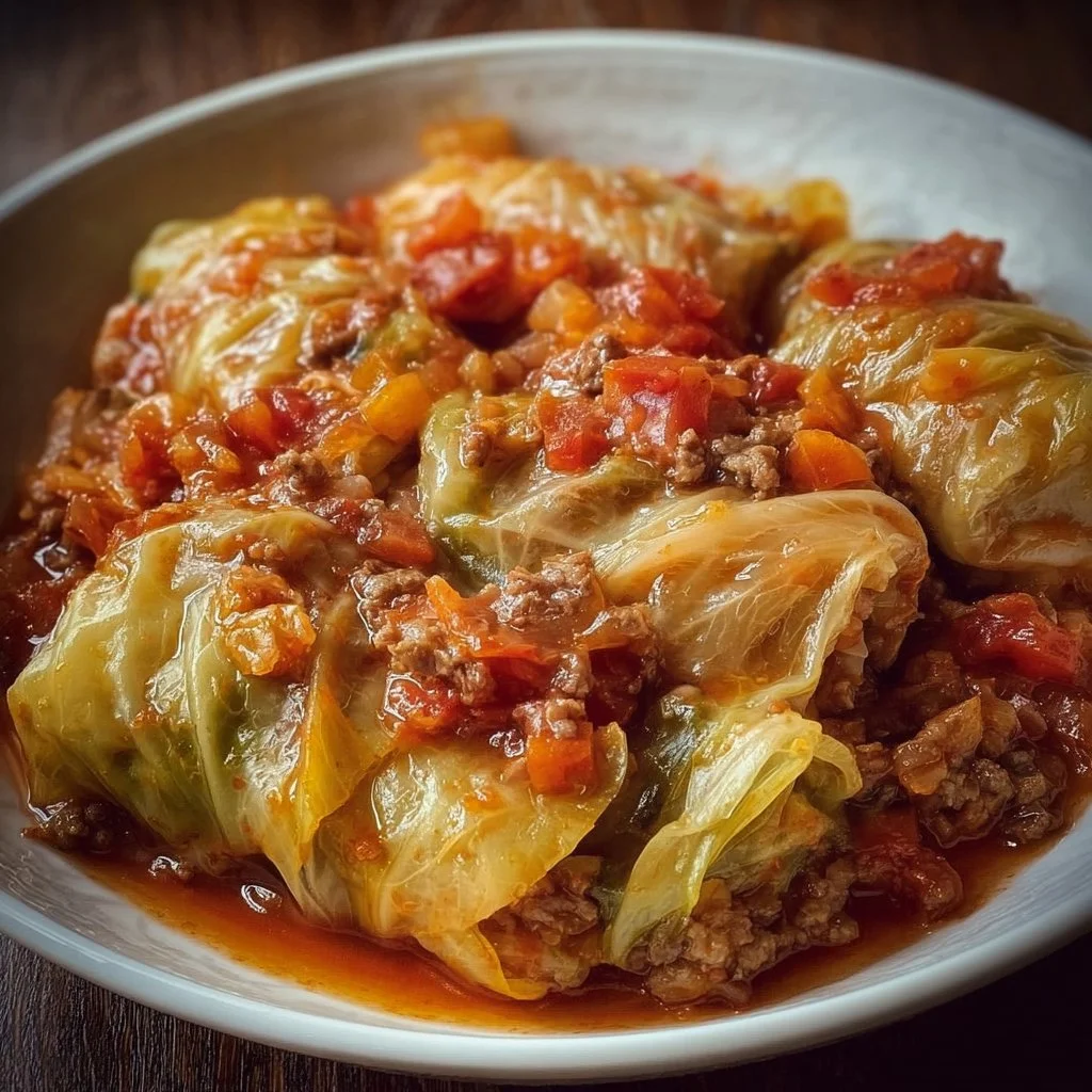 Slow Cooker Unstuffed Cabbage Rolls served in a bowl with garnish