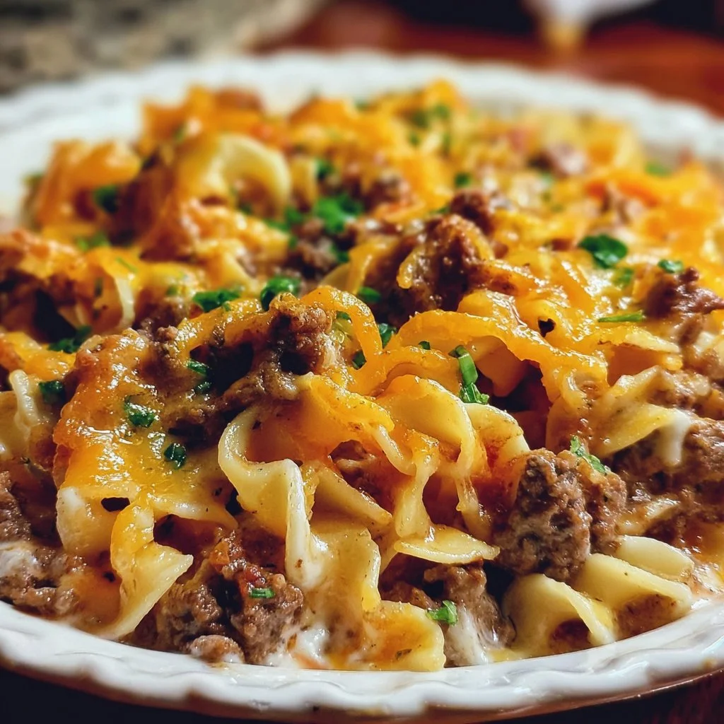 Delicious sour cream beef noodle casserole topped with cheese and herbs