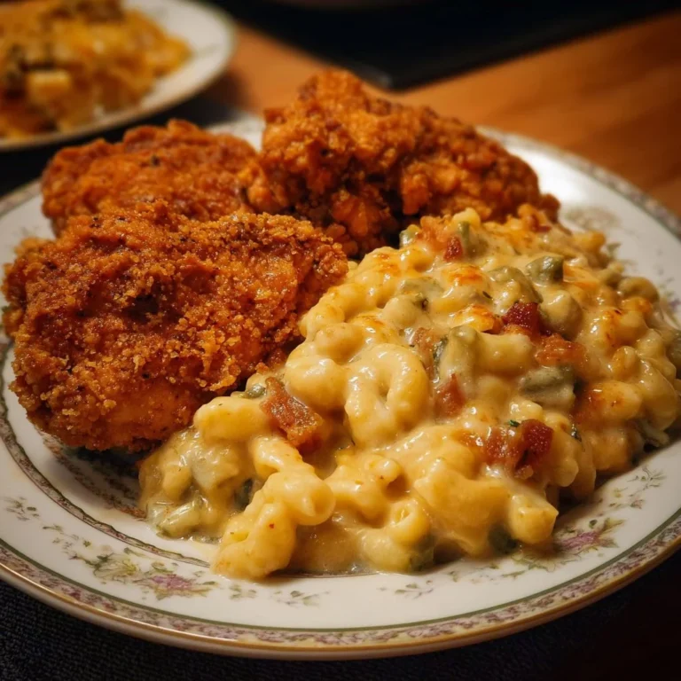 Southern Comfort Feast with Crispy Chicken and Mac Cheese on a plate
