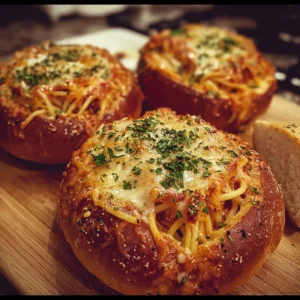 Spaghetti Garlic Bread Bowl filled with spaghetti and topped with herbs.