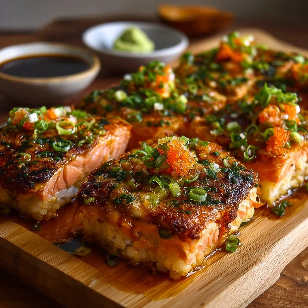 Spicy salmon sushi bake topped with fresh ingredients and baked to perfection