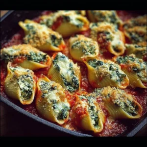 Plate of Spinach and Ricotta Stuffed Shells garnished with herbs