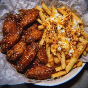 Plate of sticky wings served with cheesy fries