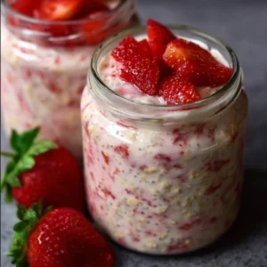 Strawberries and Cream Overnight Oats in a glass topped with fresh strawberries