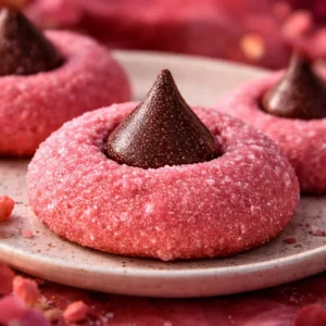 Freshly baked strawberry kiss cookies topped with strawberries and sugar