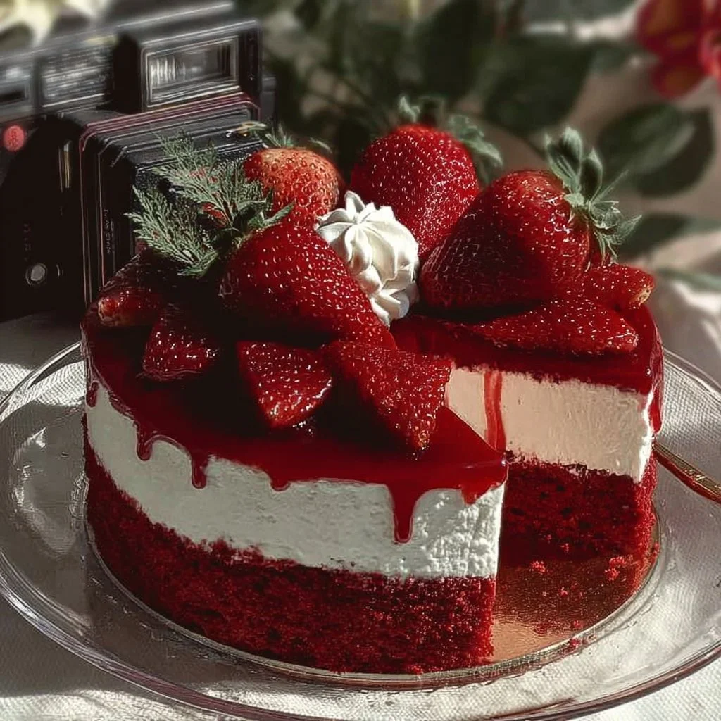 Slice of strawberry red velvet cheesecake topped with fresh strawberries