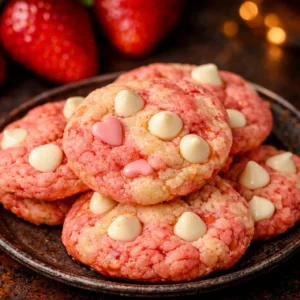 Delicious strawberry white chocolate cookies on a white plate