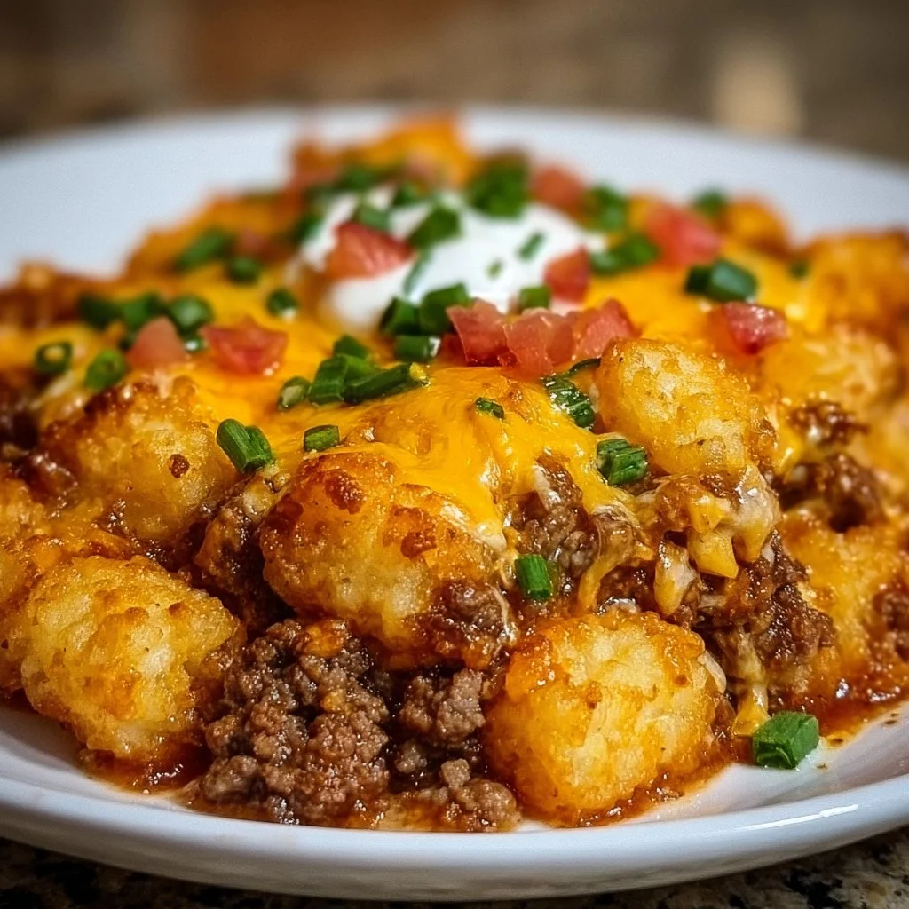 Delicious Tater Tot Casserole topped with crispy golden tater tots and ground beef