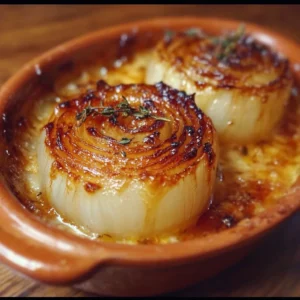 Cheesy baked onions served in a dish, inspired by Tennessee cuisine.