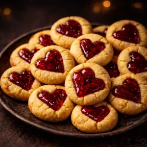 Delicious thumbprint heart cookies with colorful jam filling on a baking tray